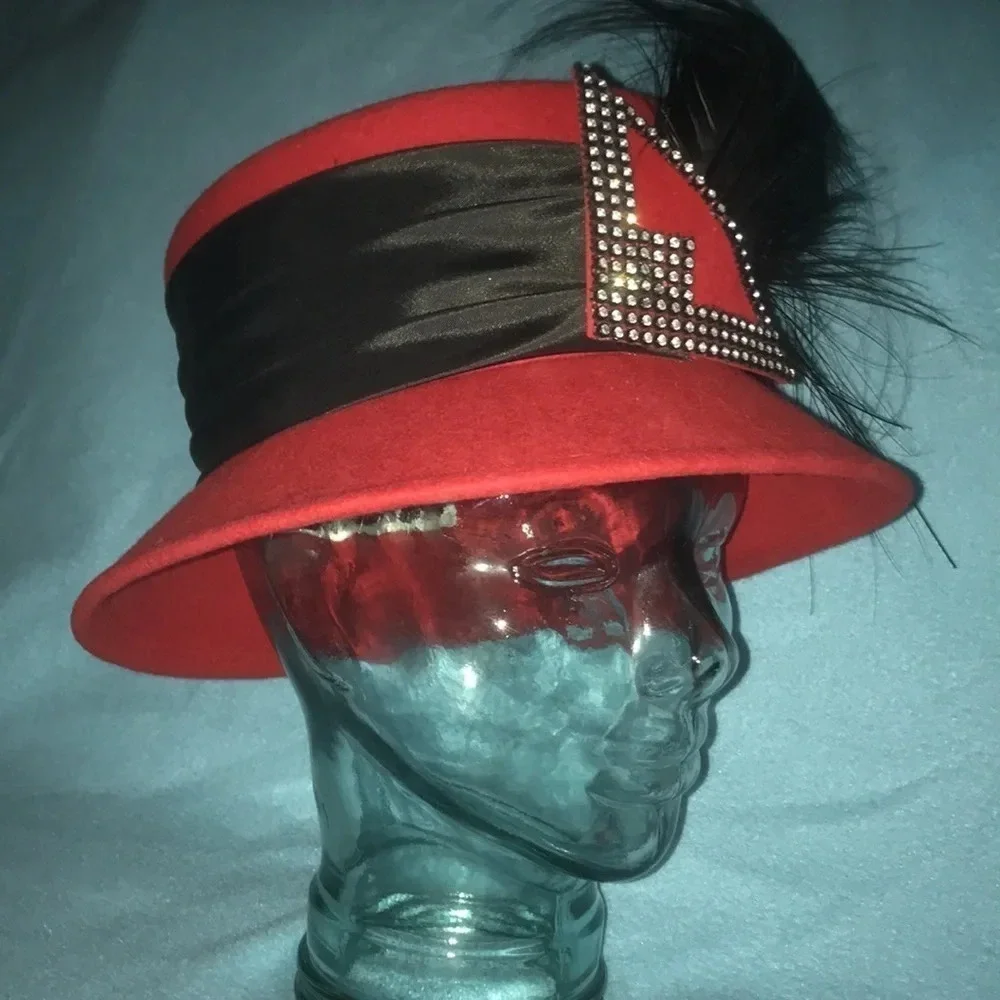 THE HAT GENERATION Red, Wide Black Band, Beautiful Feathers, Rhinestone Details